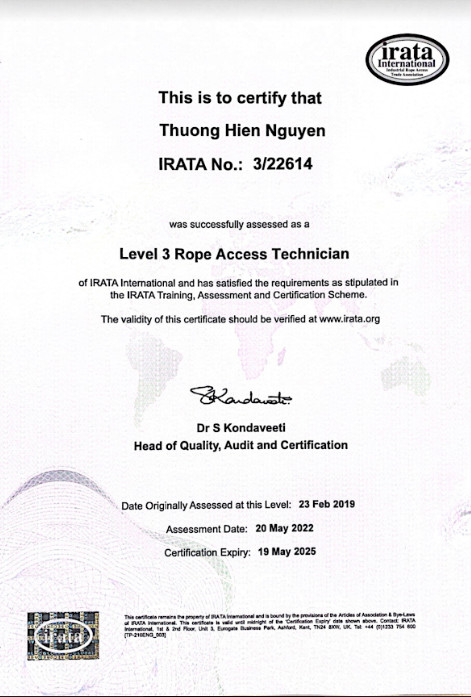 Chứng chỉ Rope Access Level 3