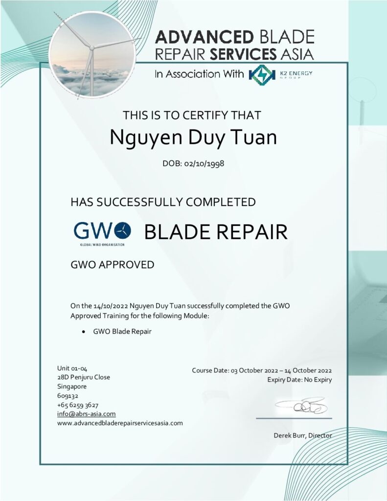 Chứng chỉ GWO Blade Repair tại Asia Wind